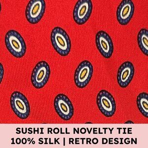 Orient Silk Red Sushi Roll Print Tie Retro Novelty Statement Accessory Wedding